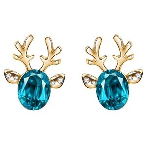 Reindeer Teal & Gold Crystal Stud Christmas Holiday Earrings Nwt